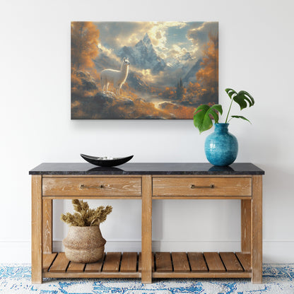 White Llama Standing Majestically in Misty Valley Surrounded by Snow Capped Peaks and Soft Golden Light Canvas Wall Art - Awakening Righteousness