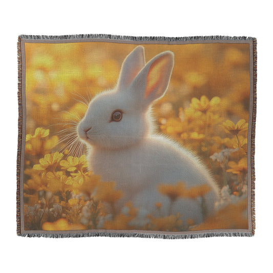 White Rabbit in Glowing Meadow Woven Throw Blanket with Golden Wildflowers and Warm Sunset Light - Awakening Righteousness