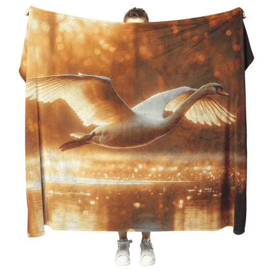 White Swan Flying Gracefully Over Glowing Forest Pond With Golden Sunlight Illuminating Its Wings Fleece Sherpa Blanket - Awakening Righteousness