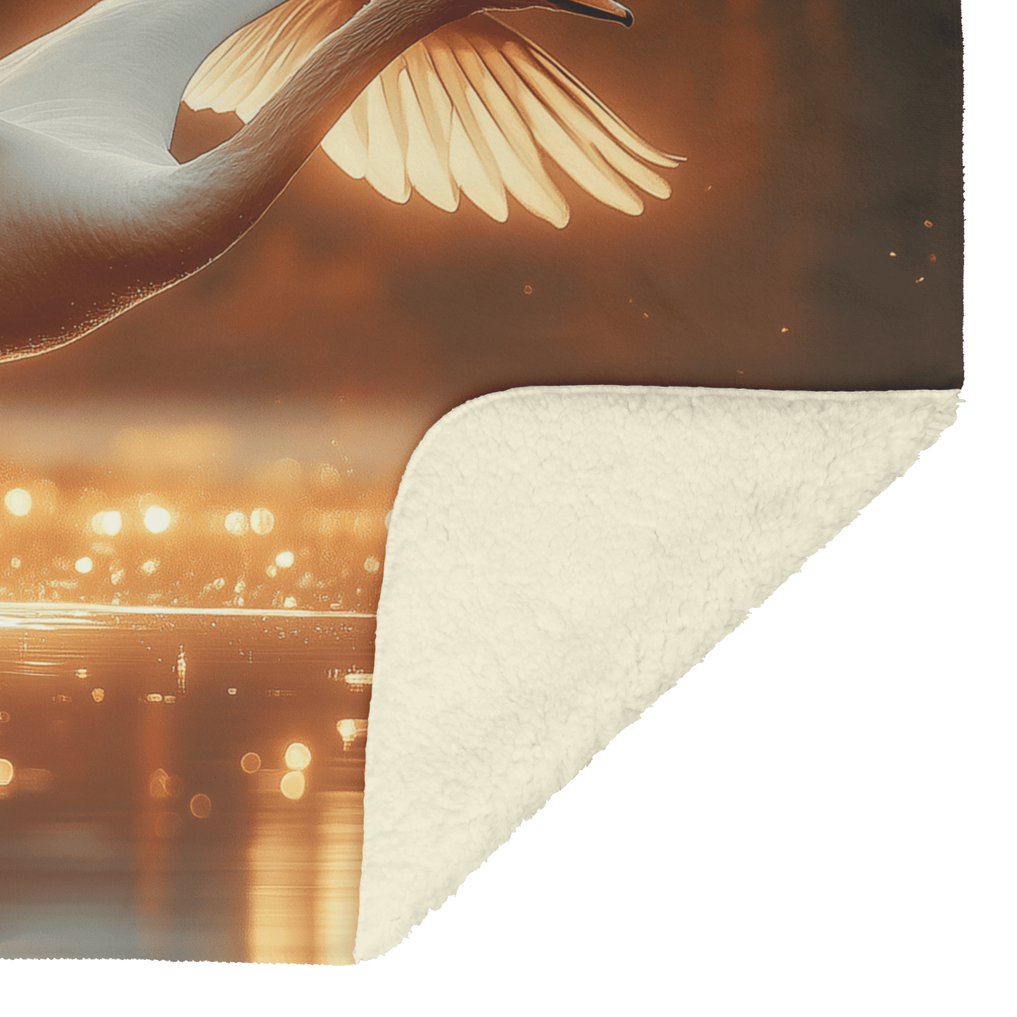 White Swan Flying Gracefully Over Glowing Forest Pond With Golden Sunlight Illuminating Its Wings Fleece Sherpa Blanket - Awakening Righteousness