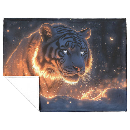 White Tiger in Glowing Snowy Forest Sherpa Fleece Blanket Soft Moonlight Silver Highlights Ethereal Serene Scene - Awakening Righteousness