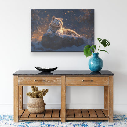 White Tiger Sitting Majestically on Snowy Cliff Under Twilight Sky with Stars and Glowing Light Canvas Wall Art Decor - Awakening Righteousness