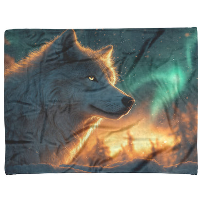 White Wolf Standing in Snowy Forest Under Faint Glowing Northern Lights Cozy Sherpa Blanket - Awakening Righteousness