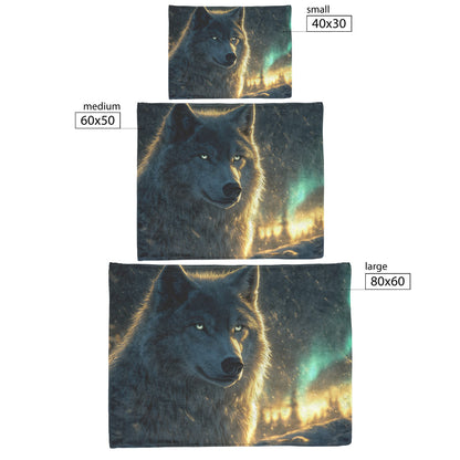 White Wolf Standing in Snowy Forest Under Faint Glowing Northern Lights Cozy Sherpa Blanket - Awakening Righteousness