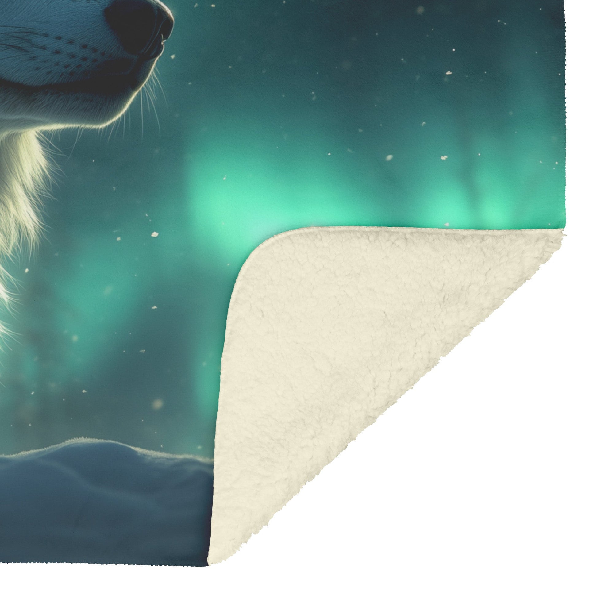 White Wolf Standing in Snowy Forest Under Faint Glowing Northern Lights Cozy Sherpa Blanket - Awakening Righteousness