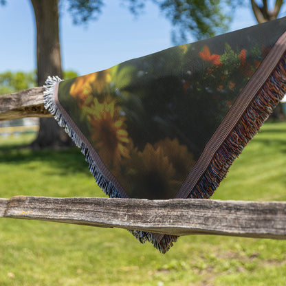 Woven Throw Blanket Featuring a Child Surrounded by Bright Sunflowers in a Garden Setting - Awakening Righteousness