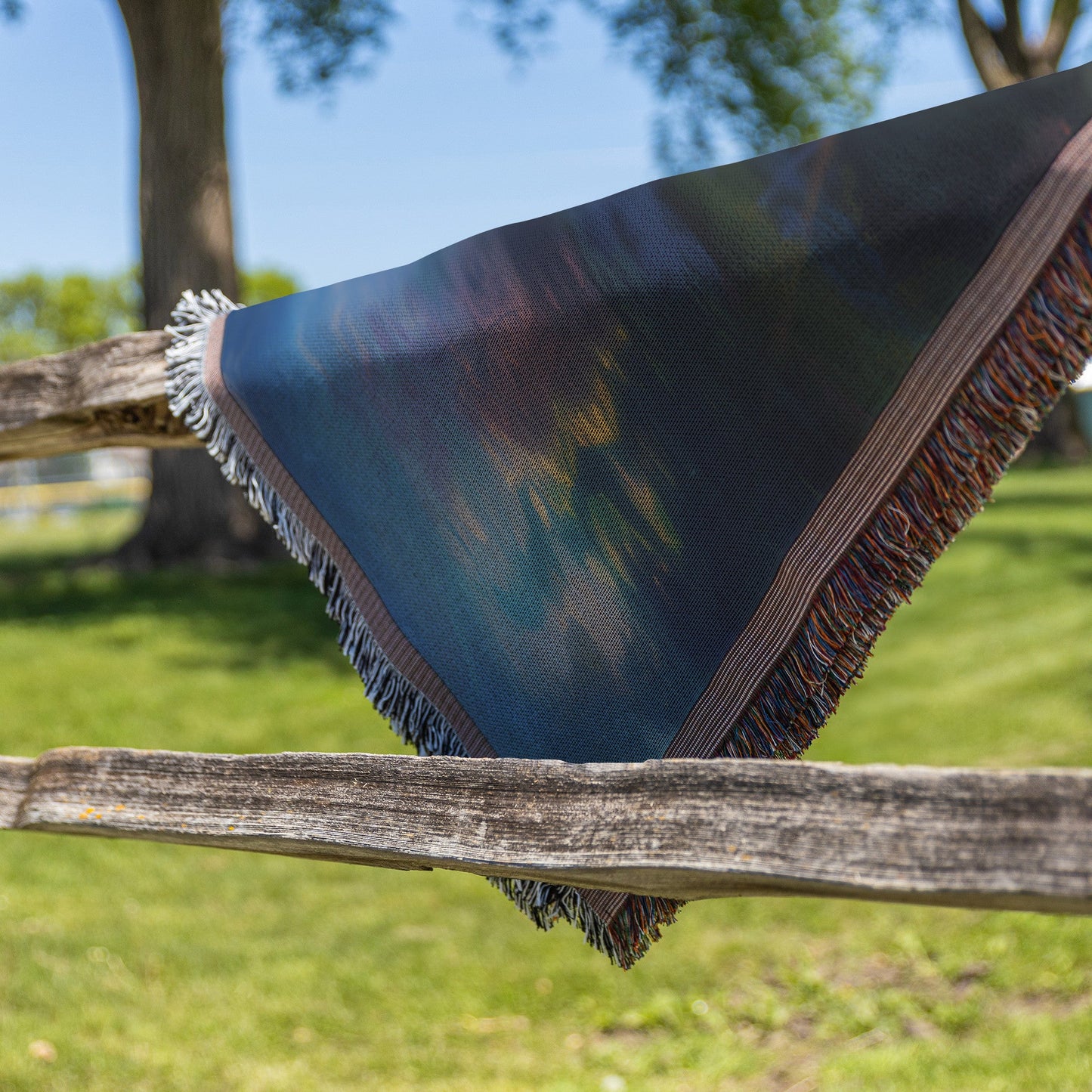 Woven Throw Blanket Featuring a Serene Autumn Landscape with Sunlit River and Majestic Mountains - Awakening Righteousness