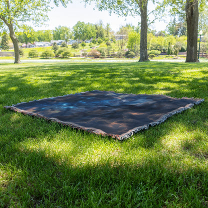 Woven Throw Blanket Featuring a Starry Sky and Serene Mountain Landscape with a Child Gazing at the Cosmos - Awakening Righteousness