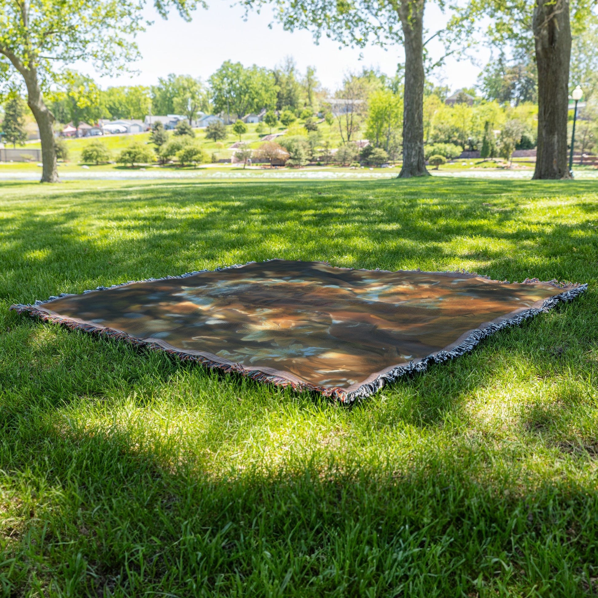 Woven Throw Blanket Featuring a Young Girl Surrounded by Golden Sunflowers in a Radiant Garden - Awakening Righteousness