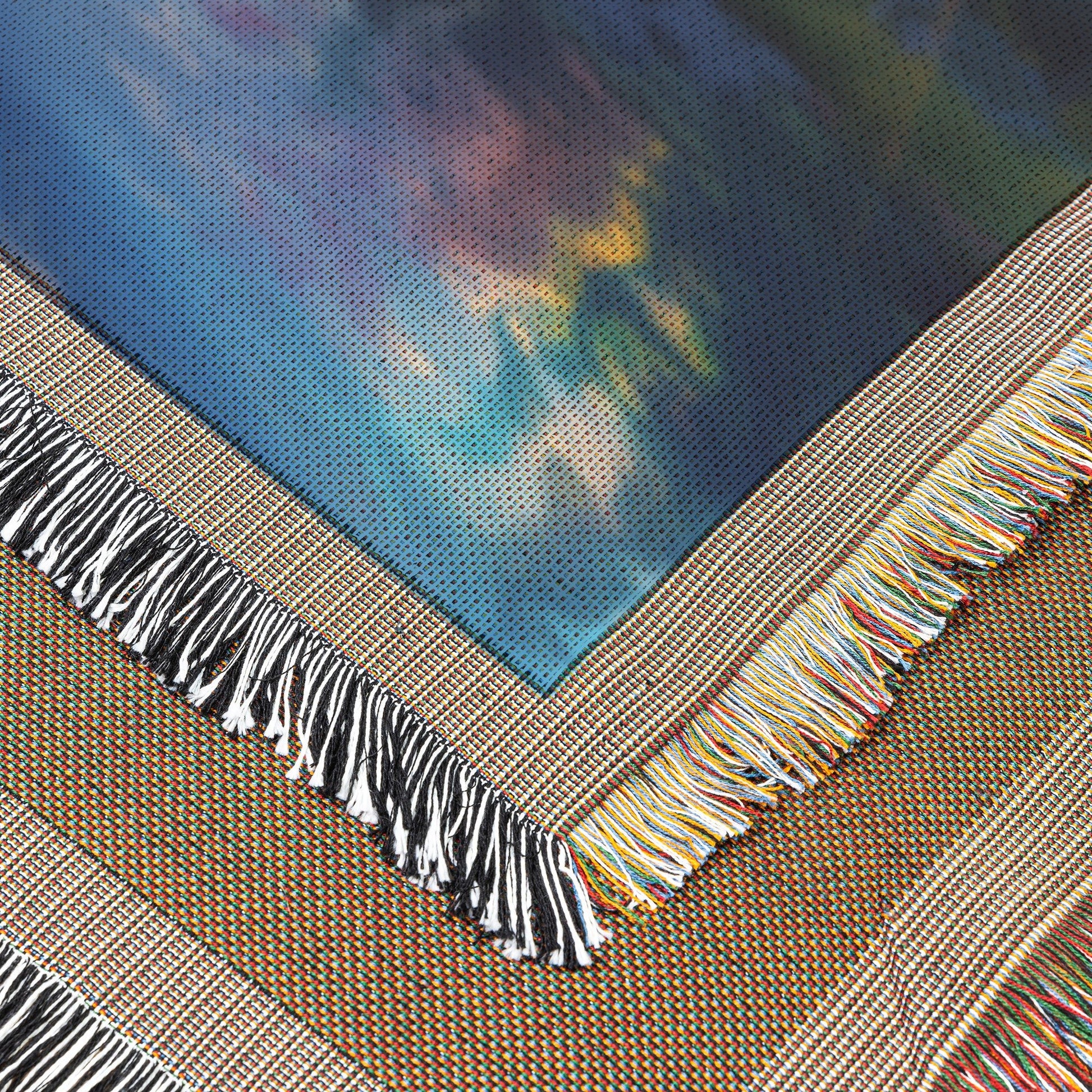 Woven Throw Blanket of a Scenic Autumn Landscape with River and Sunset over Majestic Mountains - Awakening Righteousness