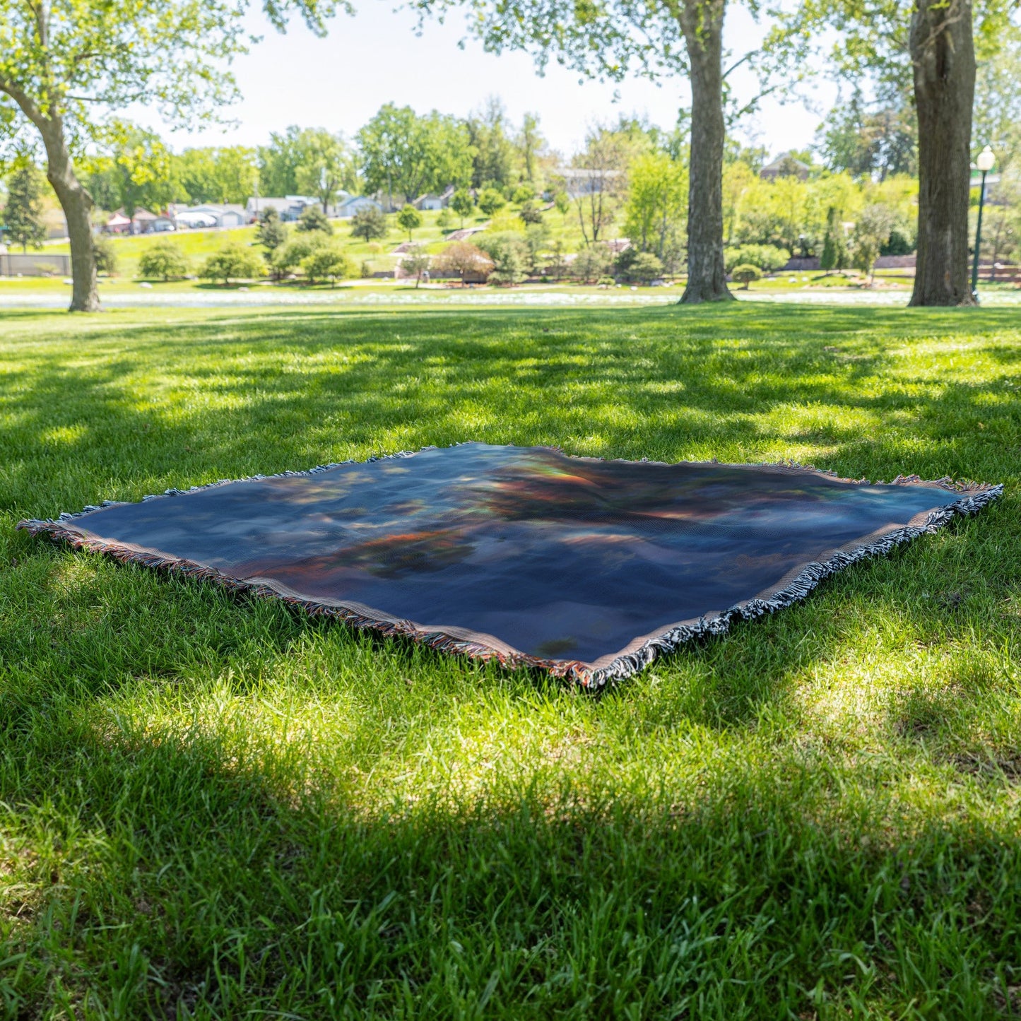 Woven Throw Blanket of a Scenic Autumn Landscape with River and Sunset over Majestic Mountains - Awakening Righteousness