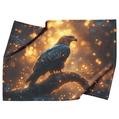 Young Eagle Perched on Glowing Tree Branch Surrounded by Shimmering Fireflies and Twilight Hues Fleece Sherpa Blanket - Awakening Righteousness
