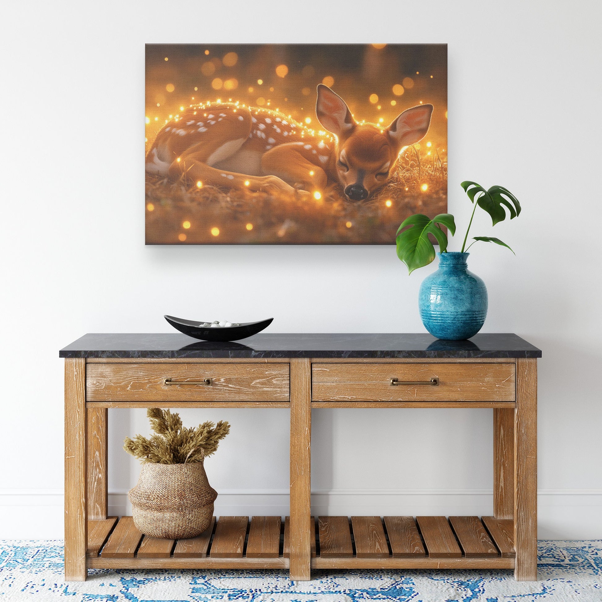 Young Fawn Resting in Golden Meadow Surrounded by Glowing Fireflies Canvas Wall Art Decor - Awakening Righteousness