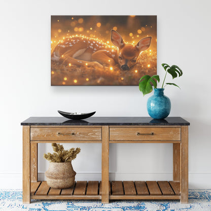 Young Fawn Resting in Golden Meadow Surrounded by Glowing Fireflies Canvas Wall Art Decor - Awakening Righteousness