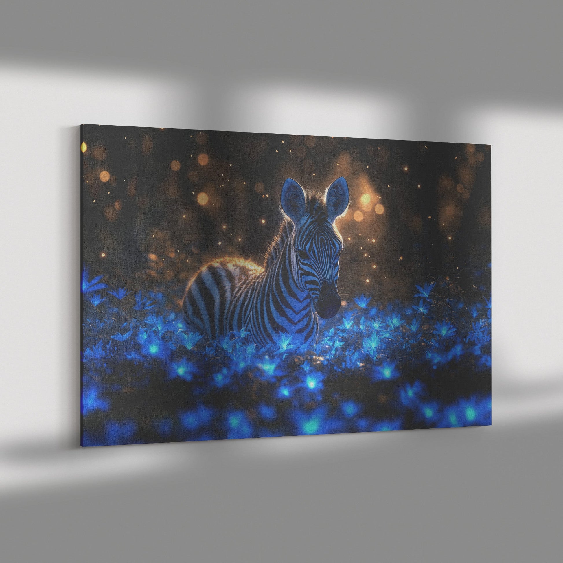 Zebra in a Bioluminescent Forest Surrounded by Glowing Blue Plants and Ethereal Light Magical Canvas Wall Art - Awakening Righteousness