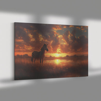 Zebra Standing in Golden Savanna Under Glowing Sunset with Stripes Illuminated by Soft Light Canvas Wall Art - Awakening Righteousness