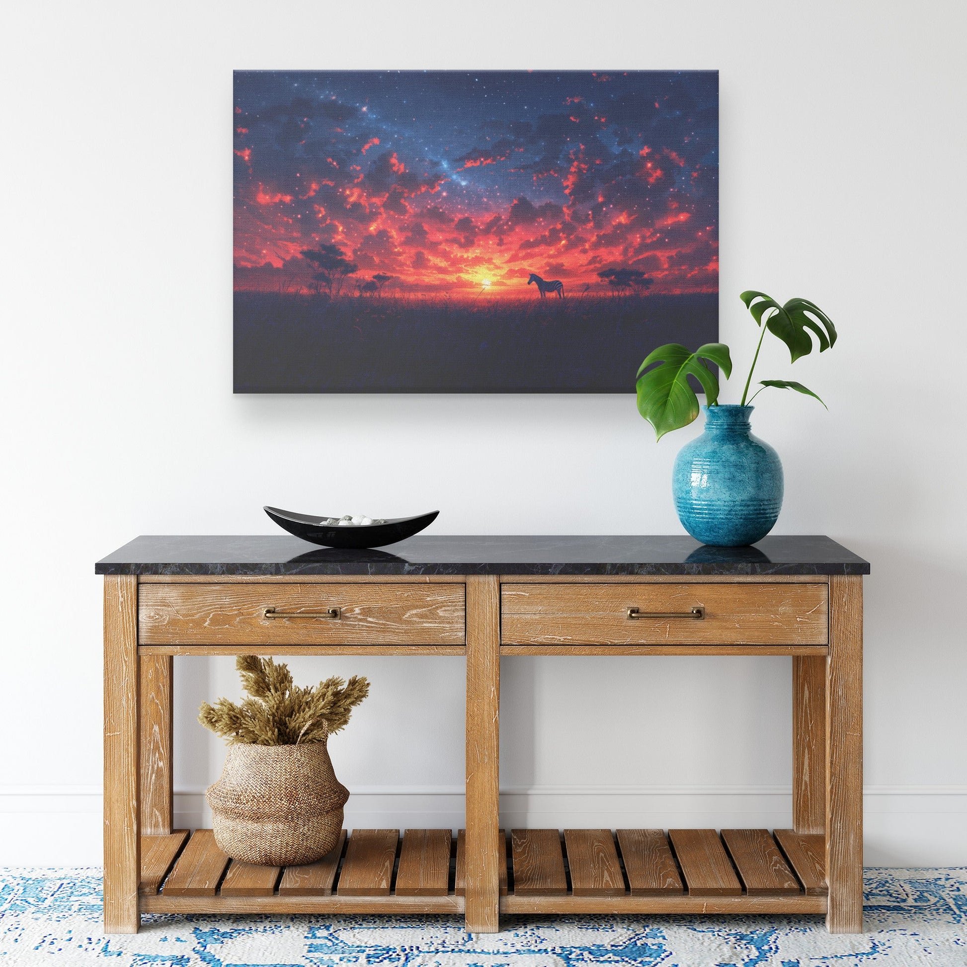 Zebra Standing Under Twilight Sky with Glowing Stars Peaceful Savanna Landscape Canvas Wall Art Decor - Awakening Righteousness